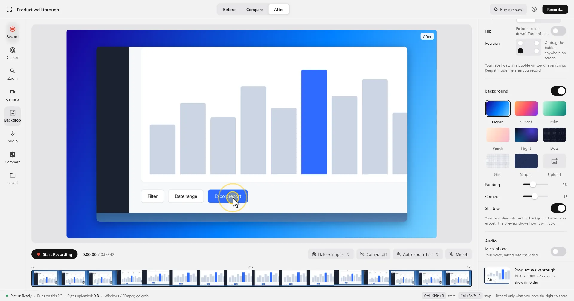 The Backdrop panel: the recording sits on a blue gradient, with presets, padding, corners and shadow controls