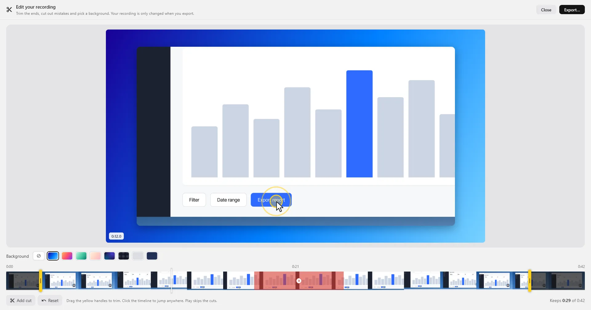 The editor: video preview, background chips, and a timeline with yellow trim handles and a red cut