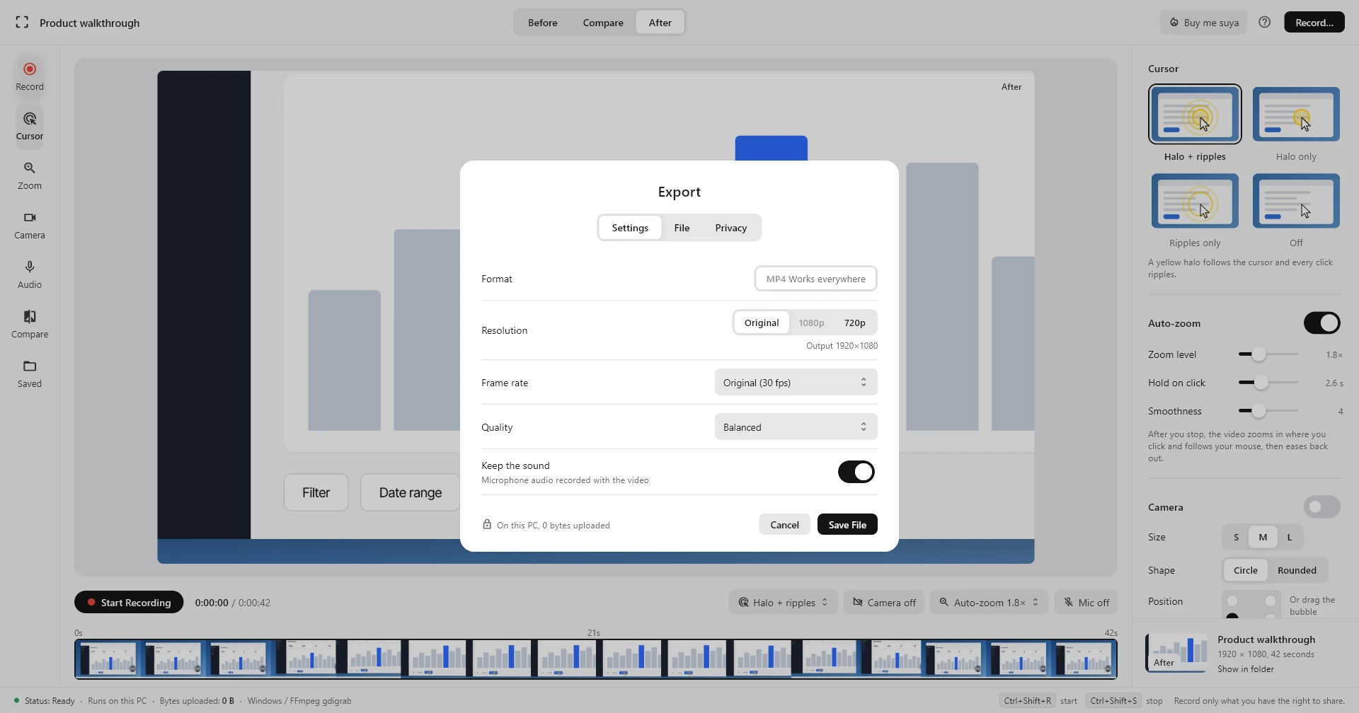 The Export dialog over the app: format, resolution, frame rate, quality and keep the sound