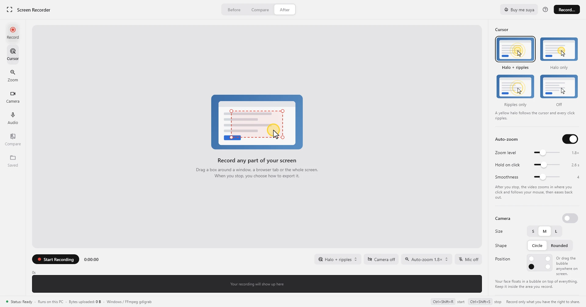 The Screen Recorder home screen with Start Recording, cursor styles, auto-zoom and a timeline