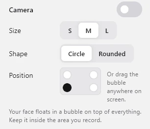 Camera settings: size, shape and position