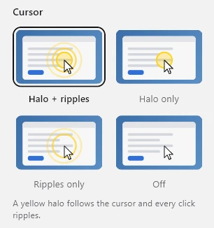 Cursor styles: Halo + ripples, Halo only, Ripples only, Off