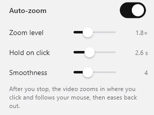Auto-zoom settings: zoom level, hold on click, smoothness